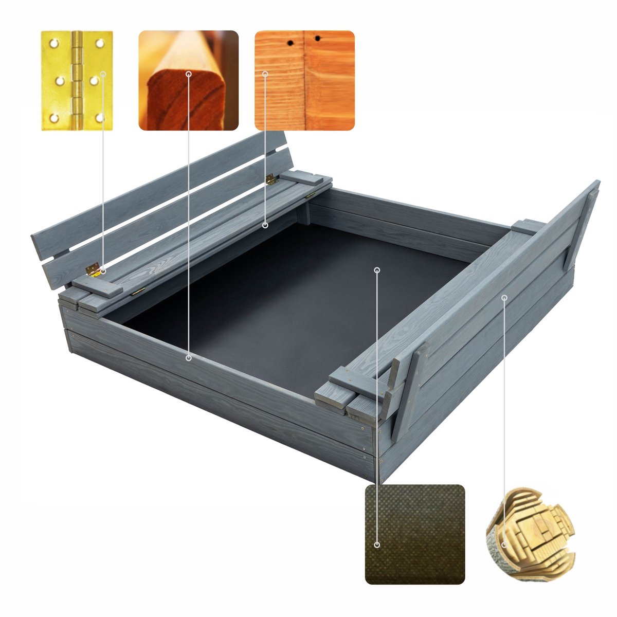 Afsluitbare XL Zandbak met Banken 140x140 cm – GECERTIFICEERD & GEÏMPREGNEERD HOUT | Incl. Afdekzeil & Gronddoek | Voor 2-3 Kinderen — afbeelding 8