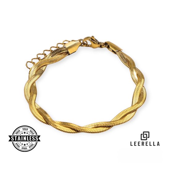 Gouden gevlochten armband met een verstelbare sluiting op een witte achtergrond. Het Leerella-logo is zichtbaar.