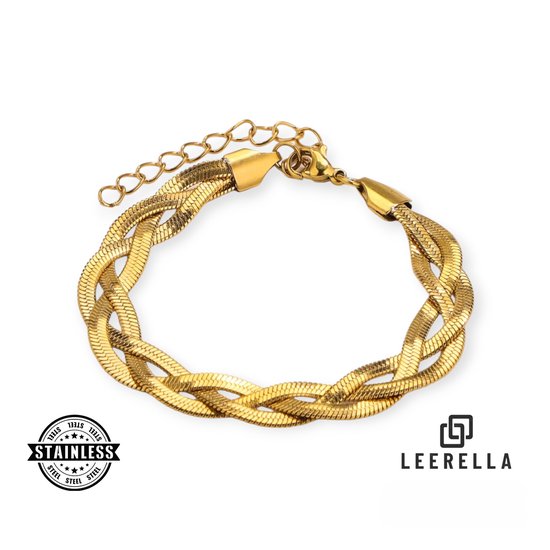 Gouden, gevlochten slangarmband met "STAINLESS STEEL" zegel en verstelbare sluiting.
