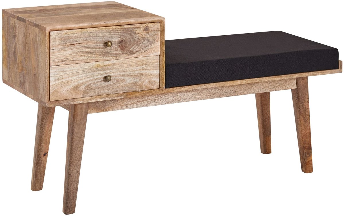 Halbankje met opbergruimte (2x lade) - Schoenenbank - Mangohout met Staal Massief (120 cm x 40 cm x 40 cm) - Industrieel Bankje - Halbankje - Venterbank Decoratie - Halbankje Hal - Bankje Hout - Houten Bankje Decoratie - Entree Meubilair