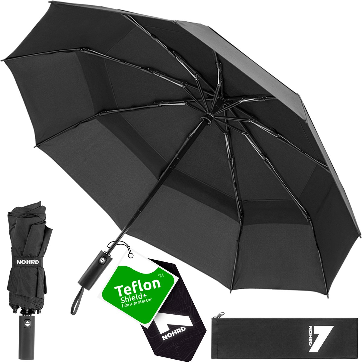 Bol.com Nohrd Stormparaplu - Zwart - Paraplu Opvouwbaar - Wind Doorlaatbaar - 140 km/h - Stormparaplu's - Automatisch In- en Uit... aanbieding