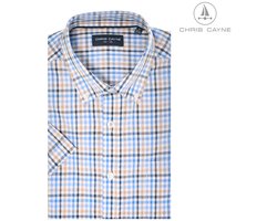Chris Cayne heren overhemd korte mouw - maat L - met borstzak - kleur offwhite/blauw/zand - ruit dessin - 100 % Katoen - shirt heren - shirt L - borstzak