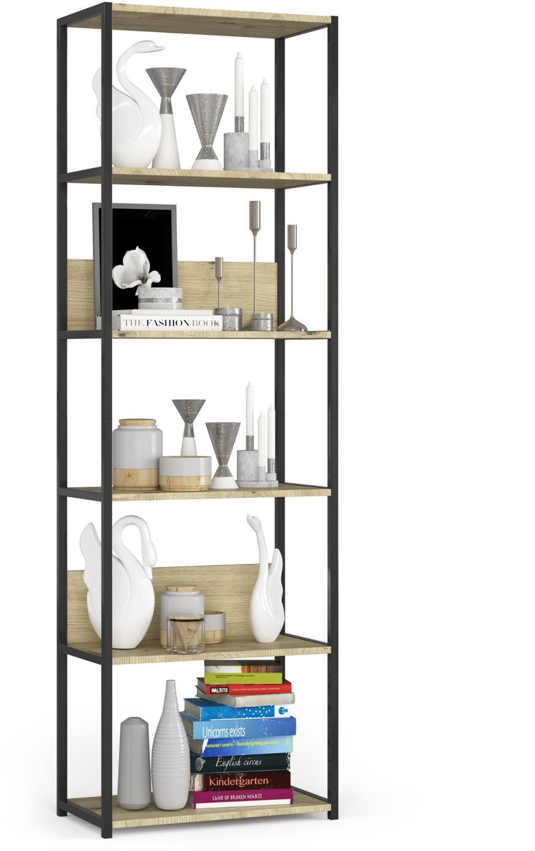 Akord Open Boekenkast, Ladderkast, Industrieel Design / Vakkenkast met 6 Planken / Opbergplank / Boekenrek Opslagrek / Zwart - Artisan Eik / 60 x 192 x 32 cm