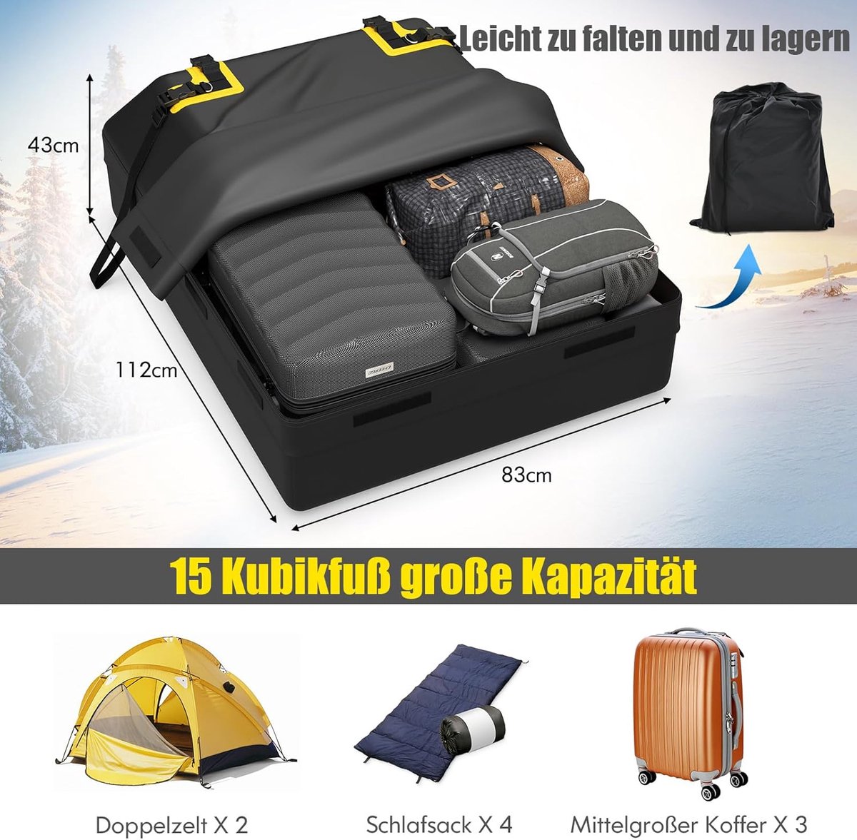 COSTWAY Dakkoffer voor auto, dakkoffer, waterdicht, met 6 deurhaken, cijferslot, antislip mat en draagtas, opvouwbare daktas, bagagebox voor auto's, bestelwagens, SUV's, zwart, 420 liter – foto 3