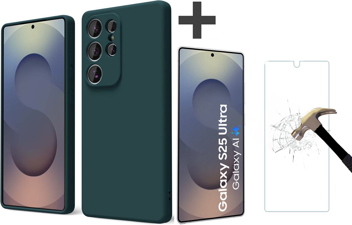 BixB hoesje met screenprotector van gehard glas geschikt voor Samsung Galaxy S25 Ultra hoesje zacht siliconen backcover - Pine Groen