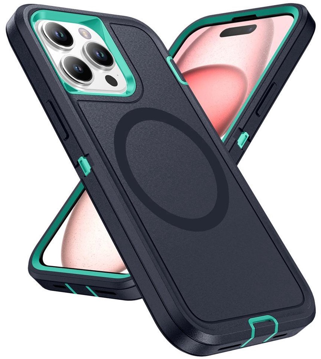 Mobigear Hoesje geschikt voor Apple iPhone 16 MagSafe Telefoonhoesje Hardcase | Mobigear Rugged Mag Backcover Shockproof | Geschikt voor MagSafe | Geschikt voor Draadloos Opladen met Magnetische Ring | Geschikt voor MagSafe Case - Donkerblauw