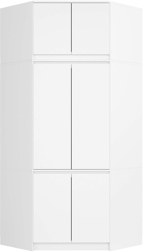 Gesloten witte hoekkast met drie secties, elk met dubbele deuren.