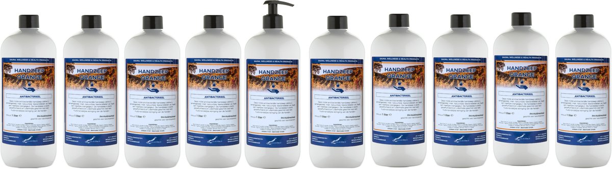 Goedkoopste Handzeep Orange 1 liter - met gratis pomp - set van 10 stuks - Voordeelverpakking