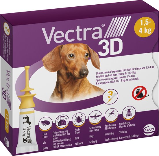 VECTRA 3D Hond - 1.5 tot 4 kg - Anti Teken- en Vlooiendruppels hond - 3 pipetten