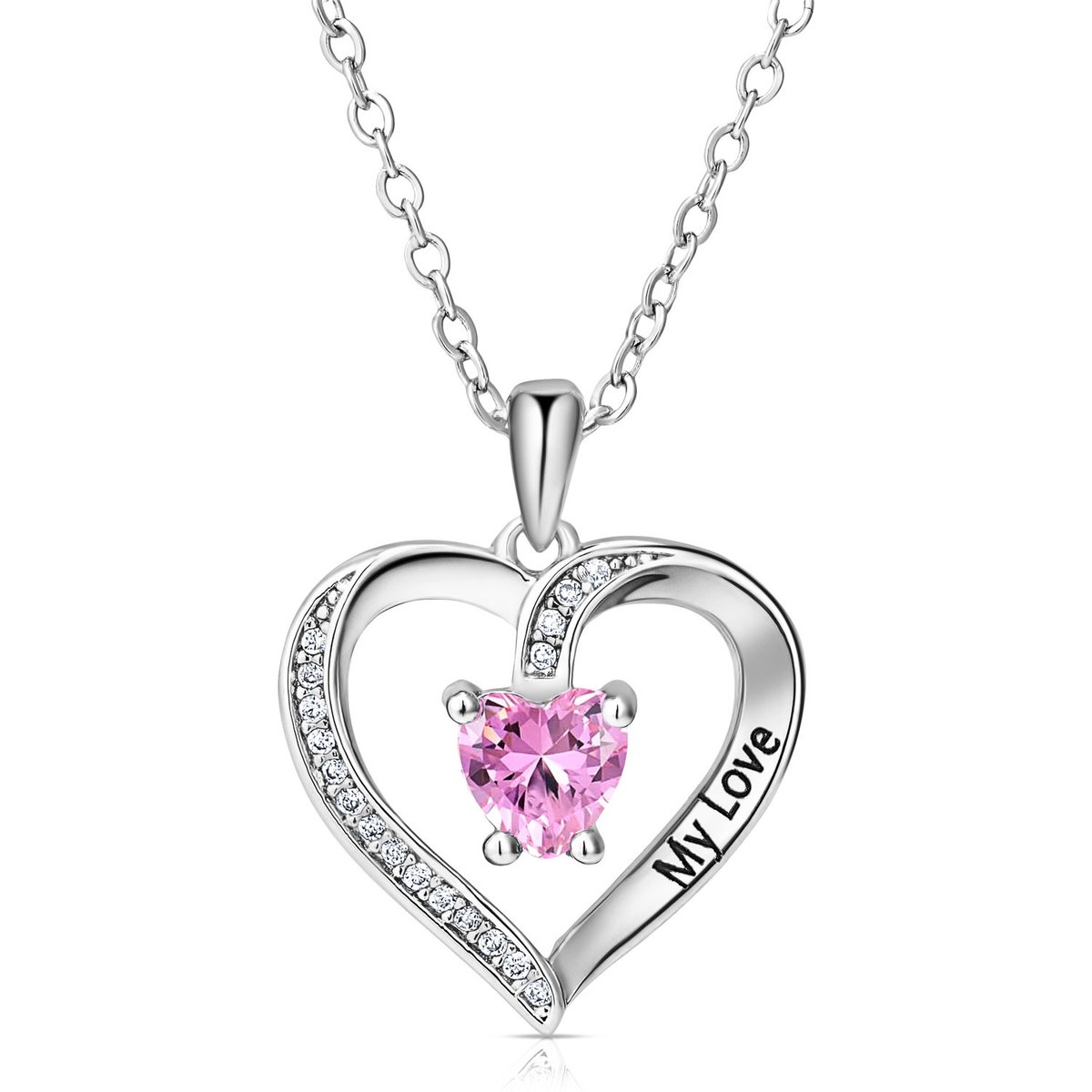Juwelium Ketting + Houten Doos Geschenkset | Luxe My Love Roze Hart Ketting met Zirkonia | Perfect Cadeau voor Vrouw, Vriendin, Moeder, Dochter