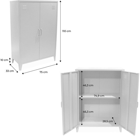Dimensions d'une armoire métallique blanche : 110 cm de haut, 75 cm de large, 33 cm de profondeur. Intérieur : 46,3 cm de profondeur, avec deux étagères.