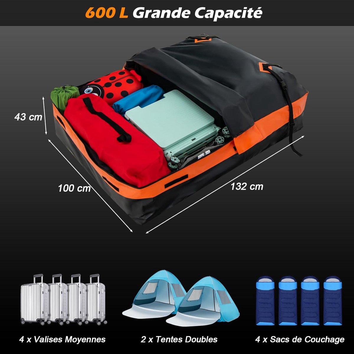 COSTWAY Dakkoffer voor de auto, waterdicht, 600 l, met 10 riemen en 6 haken, daktas met antislipmat, opbergtas voor alle voertuigen met/zonder bagagedrager, zwart + oranje – foto 6