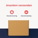 Bruine kartonnen verzenddoos. Tekst: 'Anoniem verzonden', 'Discrete levering', 'Discrete betaling'.