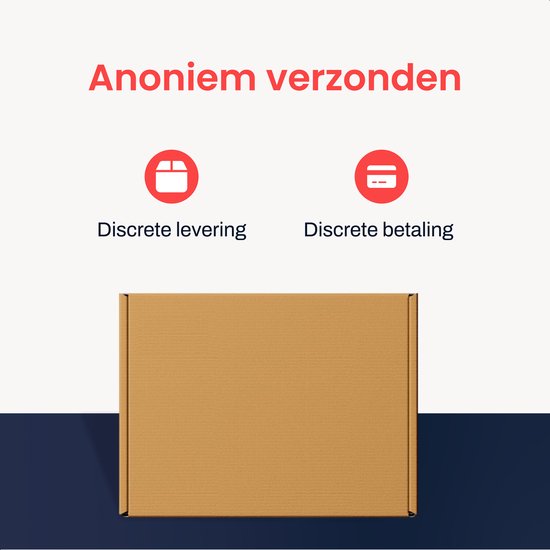 Bruine kartonnen verzenddoos. Tekst: 'Anoniem verzonden', 'Discrete levering', 'Discrete betaling'.