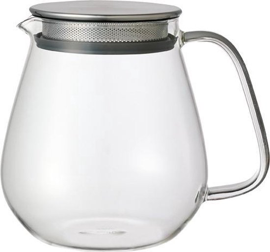 Glazen theepot met een metalen deksel met zeef en een gebogen handvat. Inhoud 720ml.