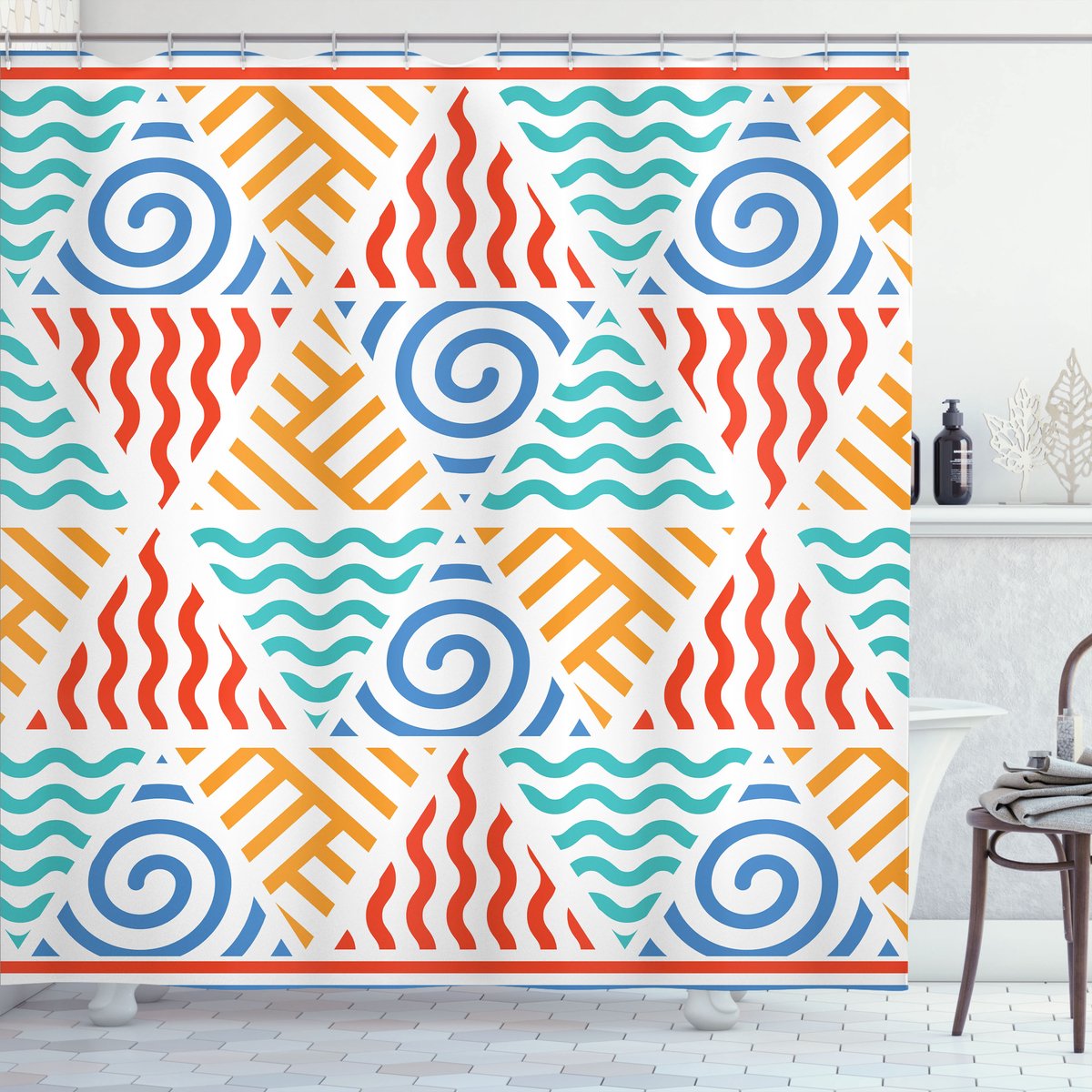 ABAKUHAUS douchegordijn – Tribale motieven – 175x180 cm – Goudsbloemgeel Turkoois