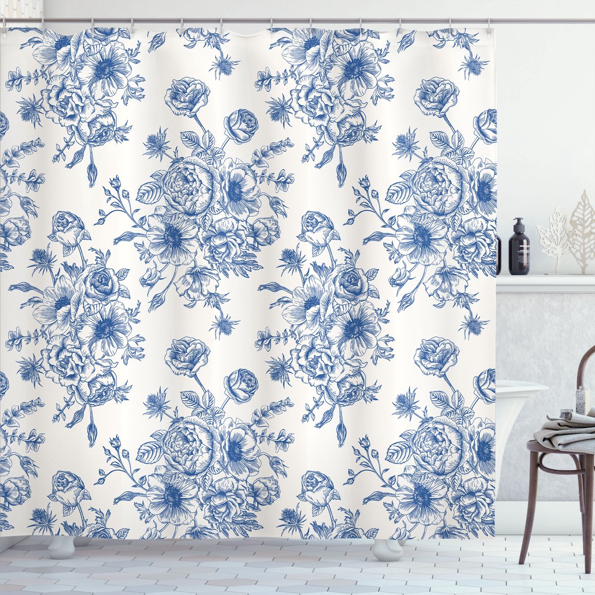 New Bed, Anemonenbloem Blauwe Bloemen Douchegordijn Badkamer Decor Set met Haakjes, 175 cm B 180 cm L