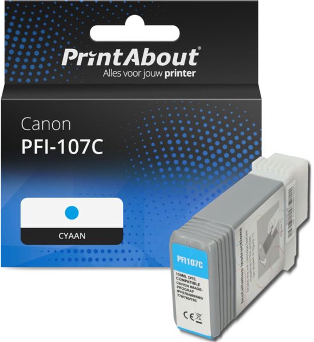 PrintAbout huismerk Inktcartridge PFI-107C Cyaan geschikt voor Canon