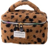 Furry Leopard Toilettas - Bruin | Make-Up Tas | 22 x 15 x 15 cm | Fashion Favorite