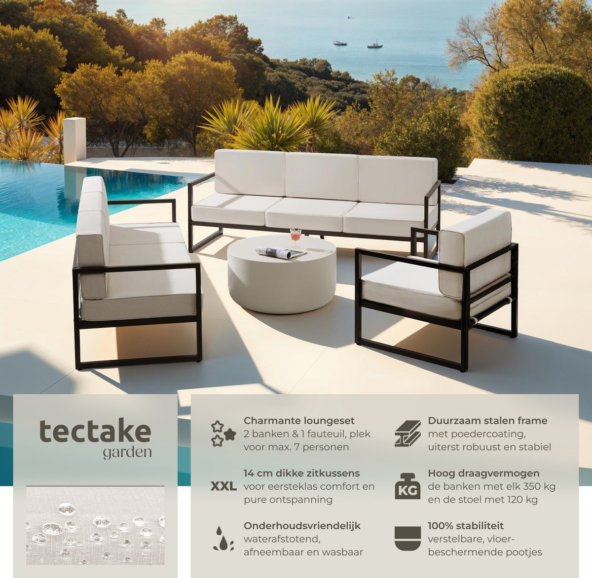 tectake® - Tuin-loungeset Comosa - Voor 7 personen - Tuinset - Twee banken en tuin fauteuil - Waterafstotende en ultradikke zit-en rugkussens - Draagkracht 120kg per zitplaats - Bruin/beige – foto 2