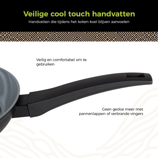 Close-up van een zwarte cool touch handgreep van een koekenpan.