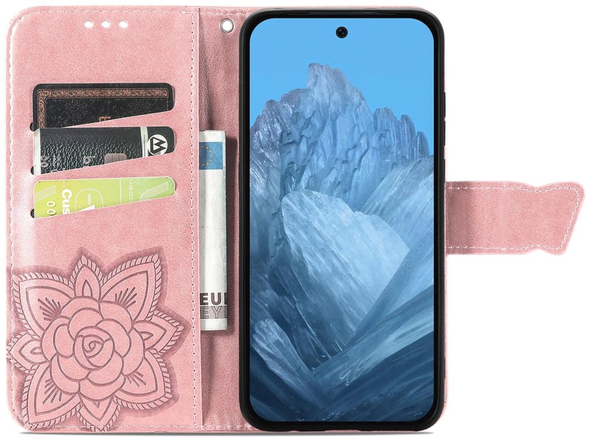 Mobigear Telefoonhoesje geschikt voor Google Pixel 9 Hoesje | Mobigear Butterfly Bookcase Portemonnee | Pasjeshouder voor 3 Pasjes | Telefoonhoesje voor Pinpas / OV Kaart / Rijbewijs - Roségoud