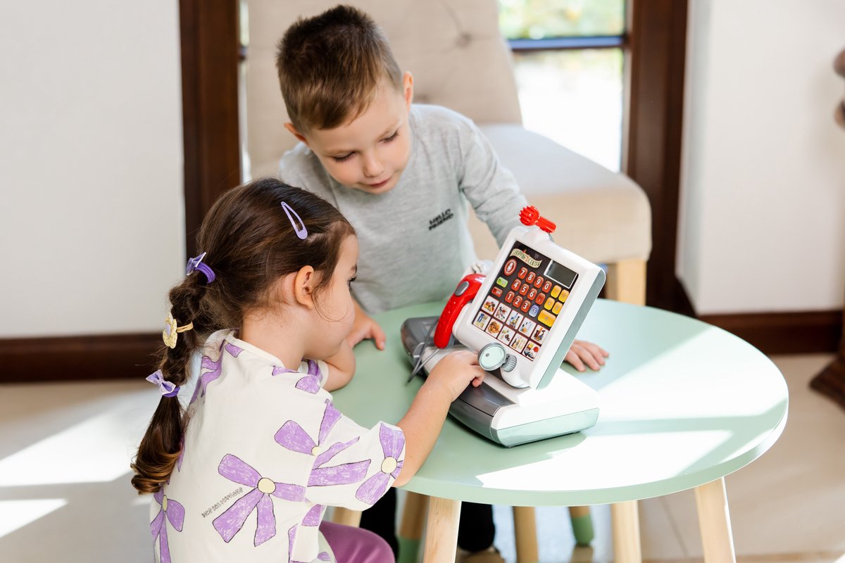 Klein Toys elektronische kassa - touchpad, scanner, weegschaal en rekenmachinefunctie - 31x15,5x23 cm - incl. speelgeld, uitschuifbare geldla, licht- en geluidseffecten - grijs — afbeelding 10