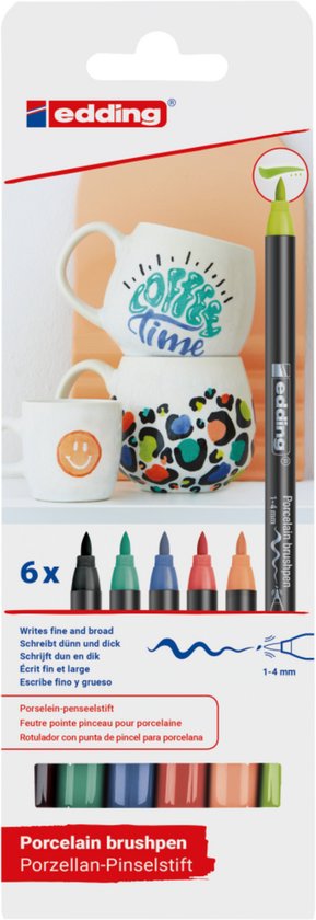 Marqueurs pour porcelaine edding 4200 - set de couleurs vives - 6 marqueurs - pointe pinceau flexible 1-4 mm - feutre pour peindre et décorer la porcelaine céramique - lavable au lave-vaisselle, encre résistante à la lumière, séchage rapide