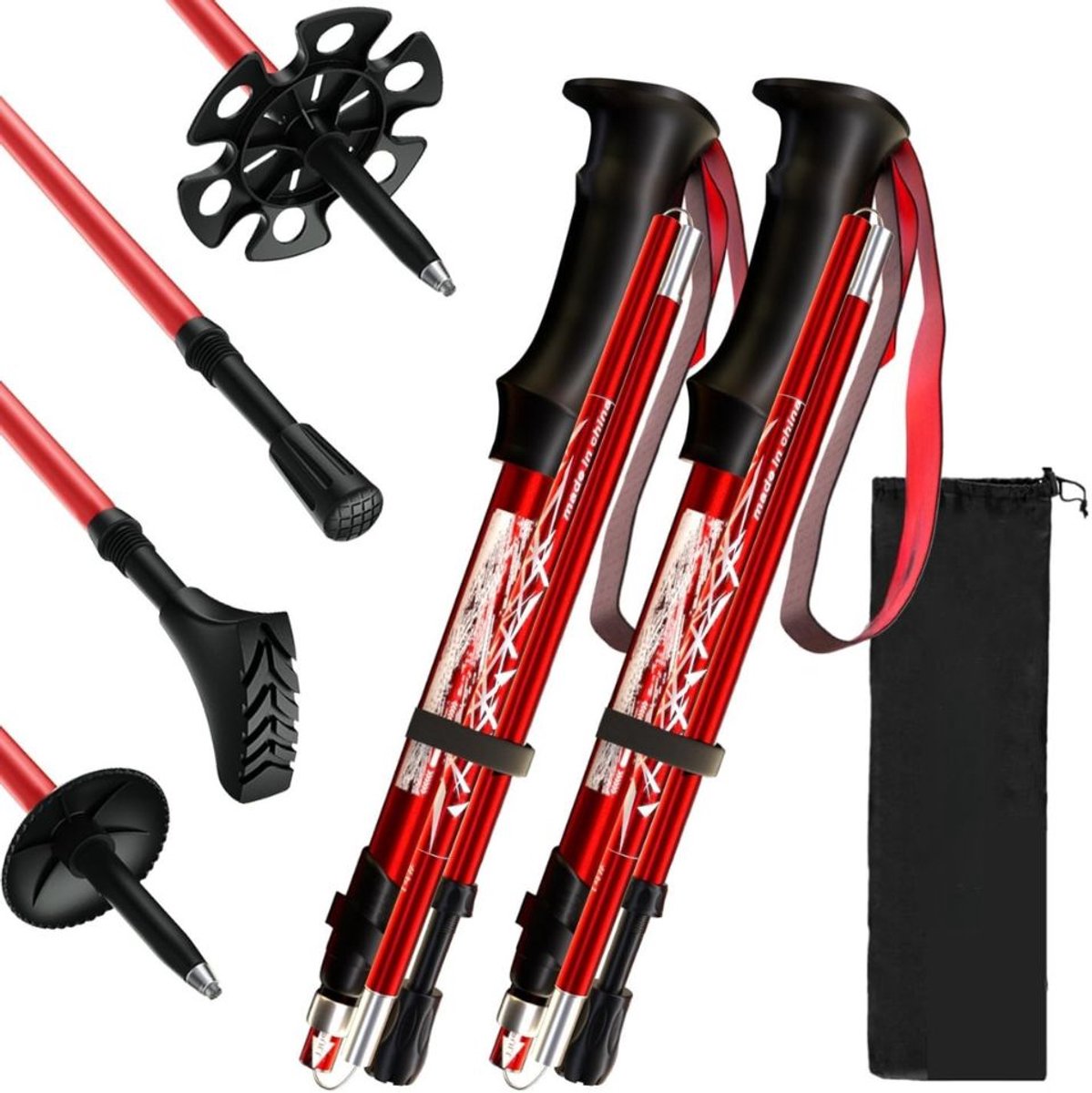 Nordic Walking Stokken - Inklapbaar Carbon Trekkingstokken - Nordic Walking Doppen - Wandelstokken - Verstelbaar & Opvouwbaar - Inschuifbaar - Telescopisch - Hiking Accessoires - Ergonomische & Lichtgewicht - 130 cm - Rode Premie