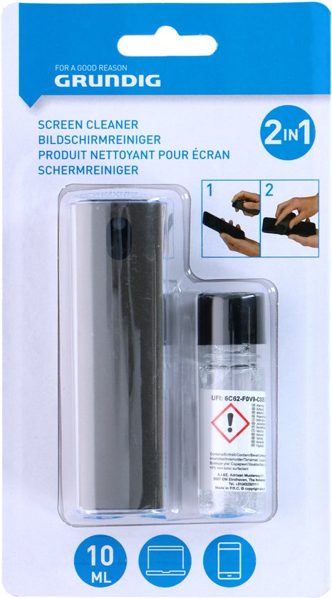 Grundig - Screen cleaner - Beeldschermreiniger - Grijs - Hervulbare schoonmaak spray - 2 in 1 schoonmaak kit met microfiber doek - Scherm Reiniger - Hygiëne - Alle beeldschermen