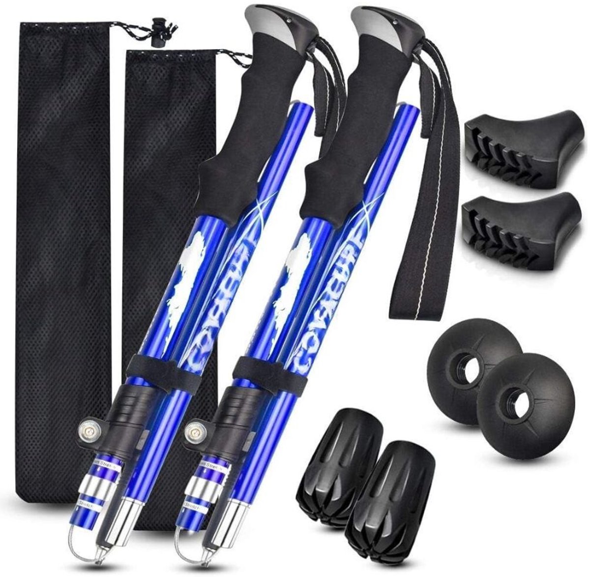 Nordic Walking Stokken - Inklapbaar Carbon Trekkingstokken - Nordic Walking Doppen - Wandelstokken - Verstelbaar & Opvouwbaar - Inschuifbaar - Telescopisch - Hiking Accessoires - Ergonomische & Lichtgewicht - 130 cm - Blauw & Zwart