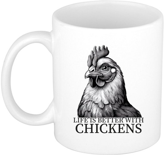 Mug cadeau Bellatio Decorations pour les fans d'animaux de la ferme - poules - blanc - céramique - 300 ml