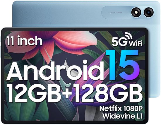 Blackview Tab 90 WiFi Tablet 11 inch Android 15 Tablets 12(4+8)GB+128GB Opslag (Uitbreiden tot 2TB) Unisoc T606 CPU, 8200mAh IPS Display, Widevine L1, 5G WiFi, 13MP+8MP Camera's/Face ID Blauw