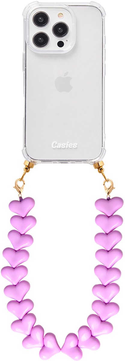 Casies hoesje geschikt voor Apple iPhone 14 Pro met paars harten koord - telefoonhoesje met chunky hartenkoord - Transparant - Cord case