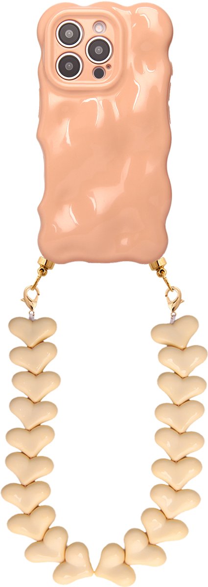 Casies Bubbly hoesje geschikt voor Apple iPhone 13 Pro Max met creme harten koord - telefoonhoesje met chunky hartenkoord - Cord case - Oranje