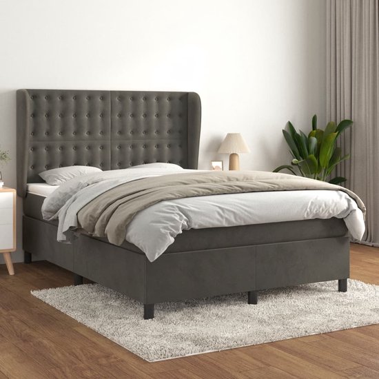vidaXL Boxspring avec matelas Velours Gris foncé 140x190 cm - Boxspring - Sommiers - Lit - Meubles de couchage
