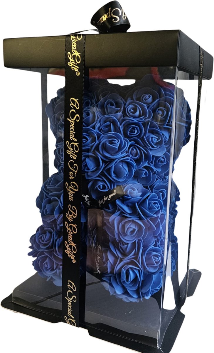 GreatGift® - Donkerblauwe Rozen Beer 25 cm + 75 rozenblaadjes - in Luxe verpakking -Rose Bear - Kunstbloemen - Beer - Blauw - Romantisch Cadeau - Valentijn - Cadeau voor haar