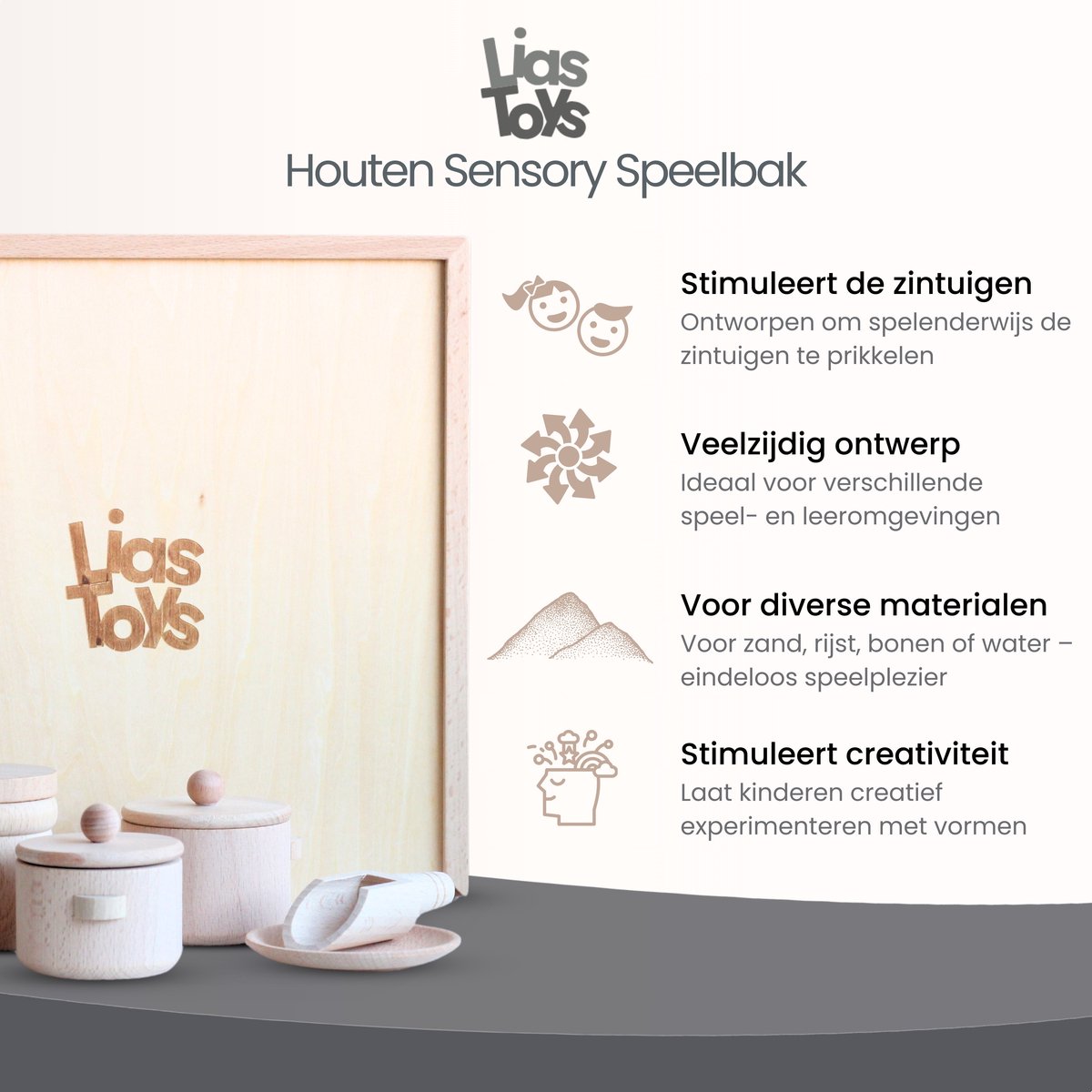 Houten Sensory Speelbak - Met Deksel & Accessoires - 30x30x6 cm — afbeelding 4