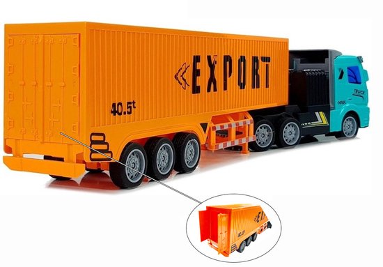 Oranje vrachtcontainer met "EXPORT" en blauwe truck, gezien vanaf de achterkant.