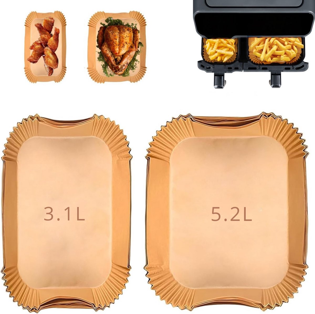 Airfryer Bakpapier - 100 Stuks - Universele Maat - Vetvrij - Hittebestendig - Makkelijk in Gebruik - Voorkomt Aankoeken - Geschikt voor Airfryers, Ovens & Magnetrons