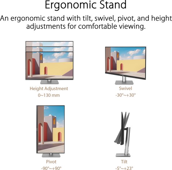 Diagrammen tonen de ergonomische aanpassingen van de ASUS ProArt monitor: hoogte, zwenk, draai en kantelfuncties.
