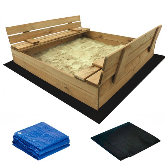 Muntel® Zandbak - Met Banken - Incl. Dekzeil & Gronddoek - Geïmpregneerd Hout - Montage Video - 120 x 120 CM