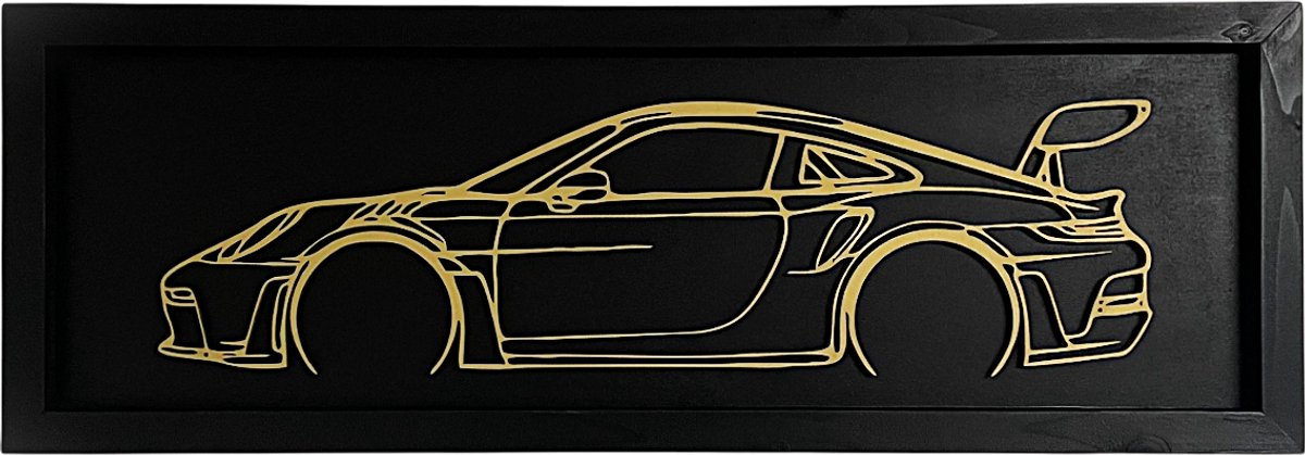 Porsche wanddecoratie - Porsche met omlijsting - Mancave decoratie - Mancave - Porsche - Schilderij Porsche line art - 80x28 cm - Wanddecoratie auto hout - Muurdecoratie - Wanddecoratie - wanddecoratie woonkamer - Porsche 911 - Porsche 911 GT3 RS