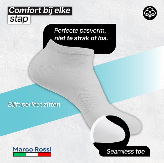 Witte Marco Rossi enkelsok met naadloze teen en comfortabele pasvorm. Tekst: 'Comfort bij elke stap'.