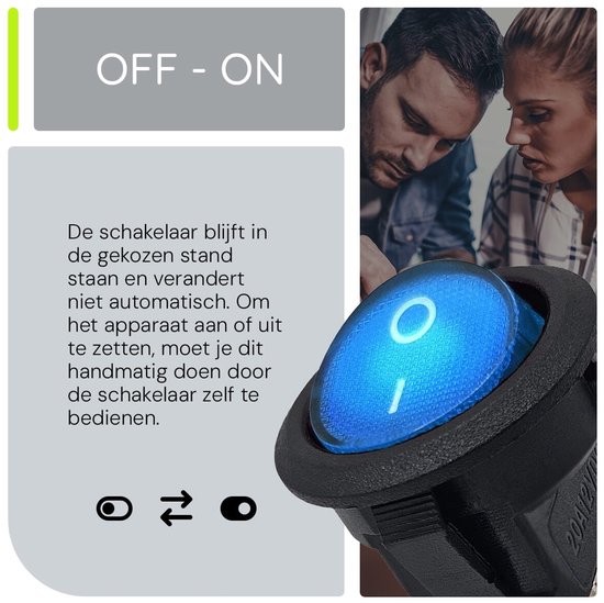 Close-up van een blauwe aan/uit schakelaar met verlichting. Tekst: OFF - ON. Symbool van schakelaar.