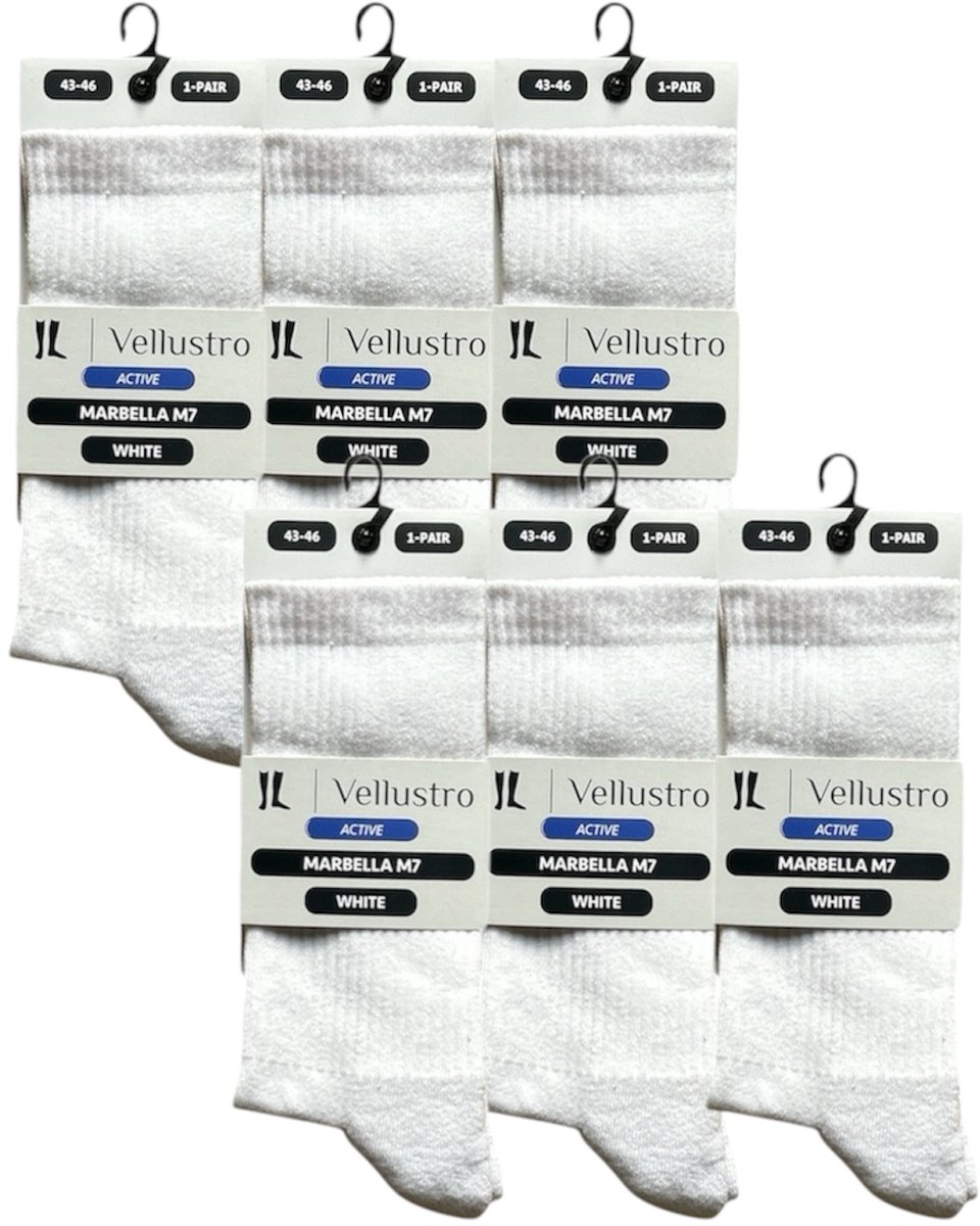 Vellustro® Marbella M7 Tennissokken - 6 Paar - Padel sokken - Sportsokken - Hardloopsokken - Maat 43-46 - Wit - Naadloos - Heren Sportsokken - Meerdere Maten en Kleuren