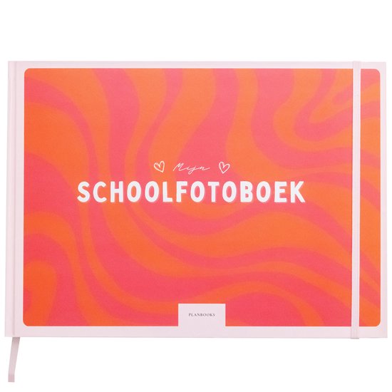 Mijn Schoolfotoboek met oranje en roze swirl patroon. Met elastische band.