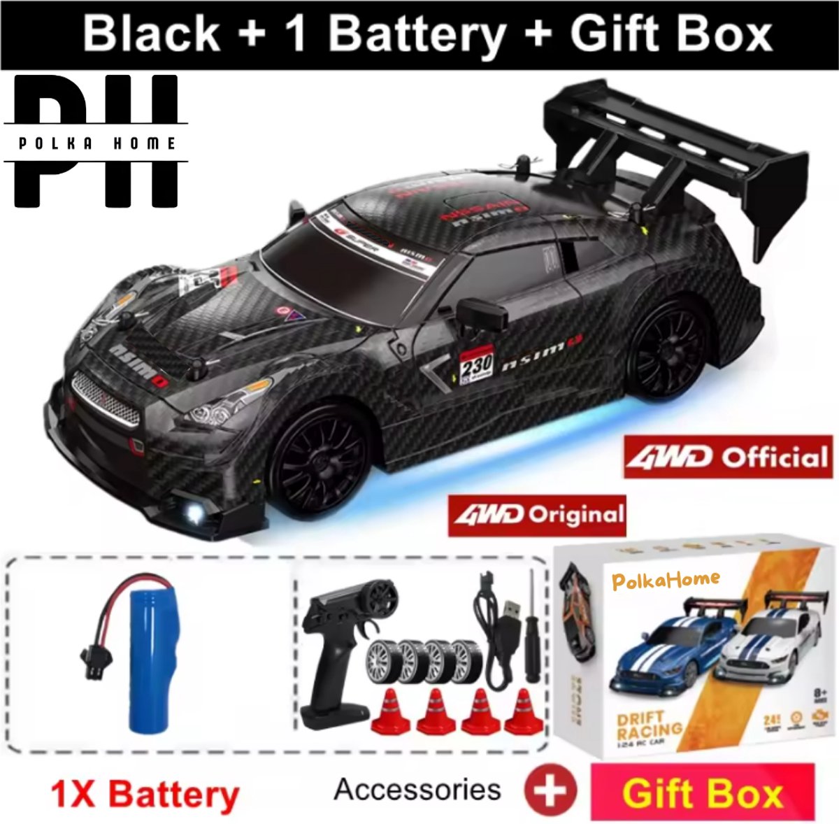 PolkaHome RC Drift Auto 1:24 – Afstandsbestuurbare RC Auto – 4WD – 2 Accu’s – 20 km/h — afbeelding 8