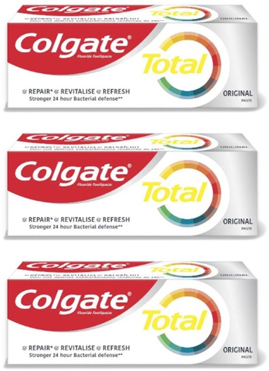 Verpakking van drie tubes Colgate Total Original tandpasta met rode, gele en groene cirkel.