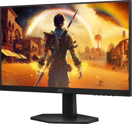Zwarte AOC gaming monitor, schuin gezien, met een fantasie-afbeelding van een krijger.